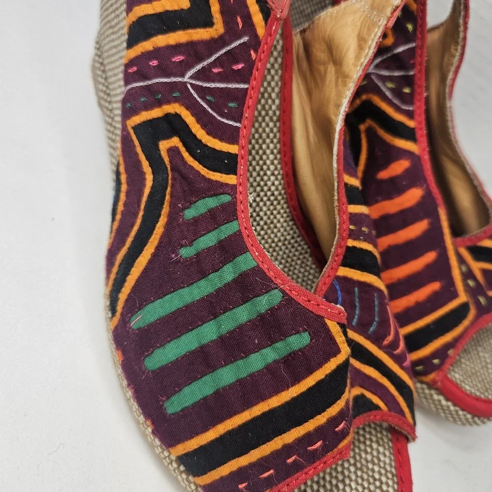 Handmade Tribal Wedge‎ Sandals Size 38 Colombia Textile Leather Boho 7.5
